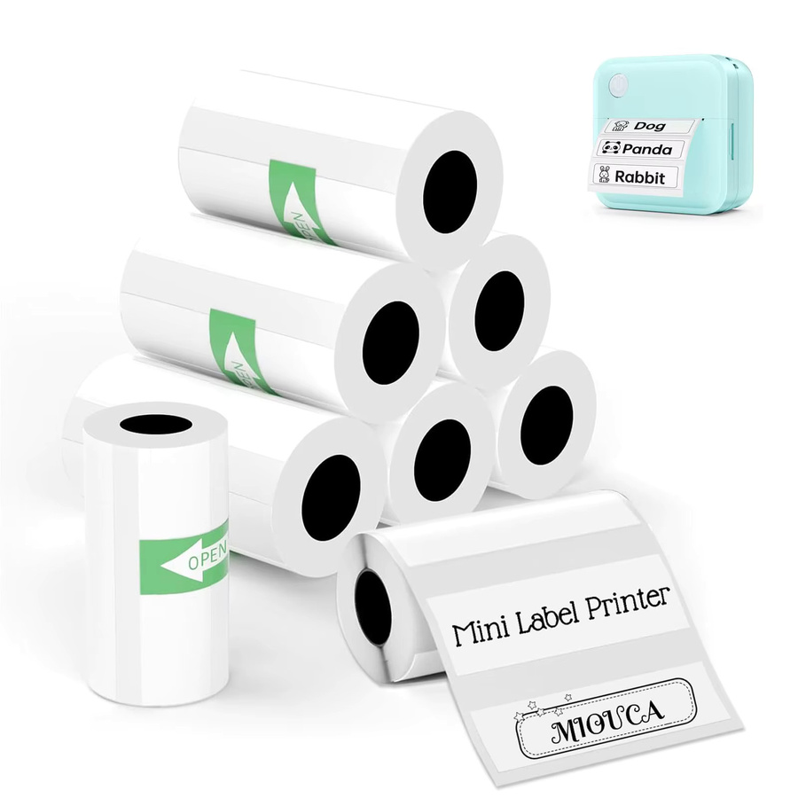 Miouca Thermopapier-Etikettenrollen für Mini-Aufkleber-Drucker, 5 Rollen, weiß, selbstklebend, B: 50 mm, H: 15 mm - Bild 1