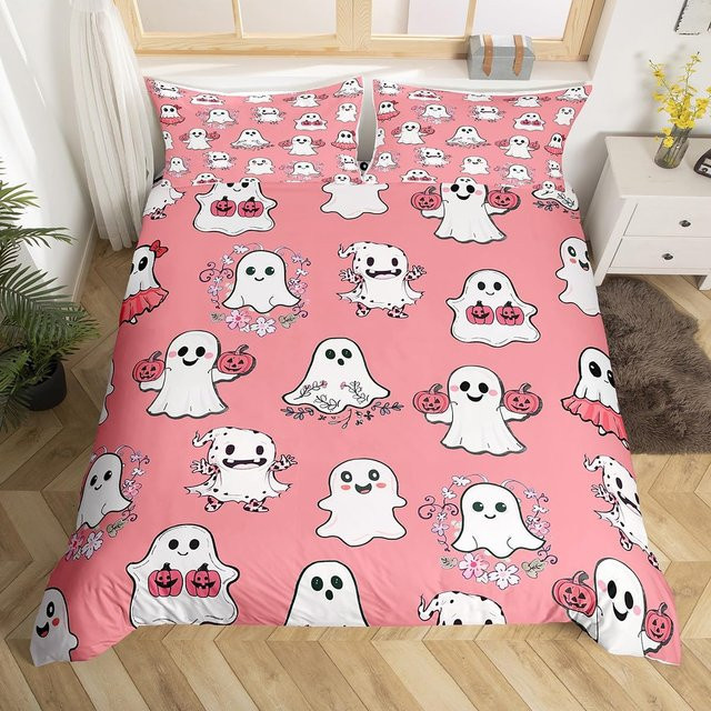 Binchi Outdoor Product Halloween Bettwäscheset mit Geister- und Kürbis-Motiv in Gelb und Pink, Material Polyester, B/H: 135 x 200 cm - Bild 1