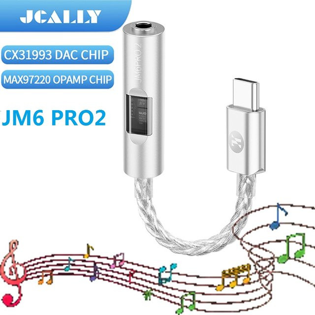 JCALLY JM6 Pro2 Digitaler Audio-Adapter mit CX31993 DAC und MAX97220 OPAMP Chip, USB-C auf 3,5 mm Kopfhörerverstärker, Silber - Bild 1