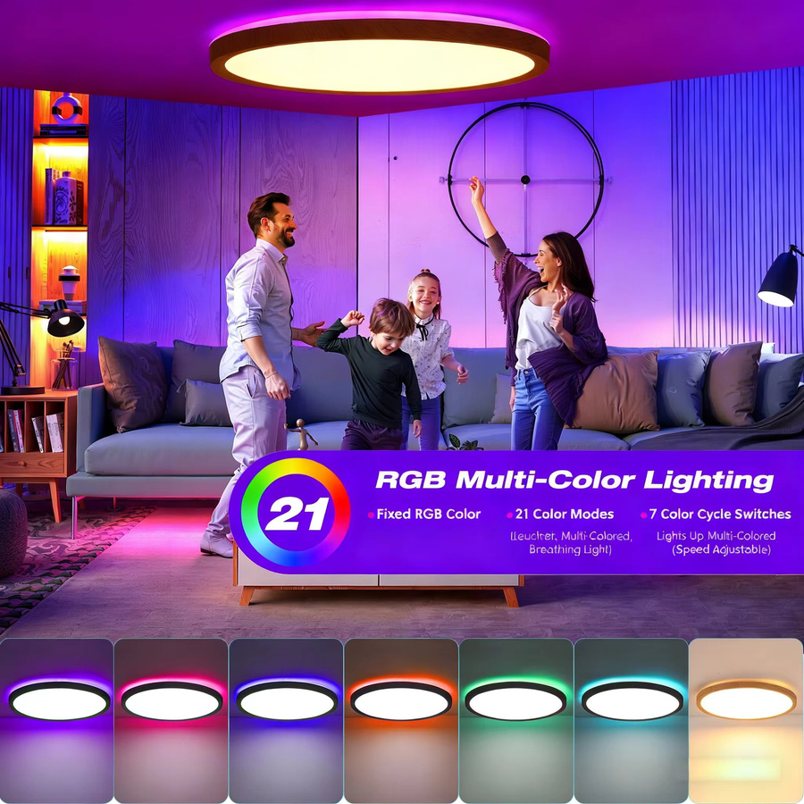 2er Set Oyajia RGB LED Deckenleuchten 24W mit Fernbedienung, dimmbar, modernes Design in Holzoptik, rund, Multicolour - Bild 4