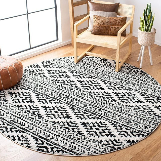 Runder Marokkanischer Teppich mit geometrischem Vintage-Design von Wucifang Jewelry, Waschbar und Rutschfest, Farbe: Schwarz, Durchmesser: 100 cm - Bild 1