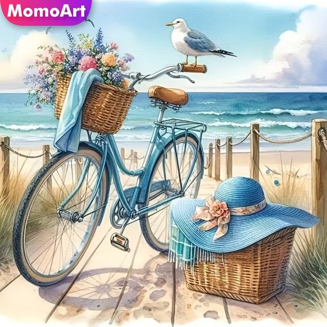 Momoart Diamant-Stickerei DIY-Malerei Küstenlandschaft mit Fahrrad und Hut in Multicolour, B/B/H: 20 x 20 x 20 cm - Bild 1