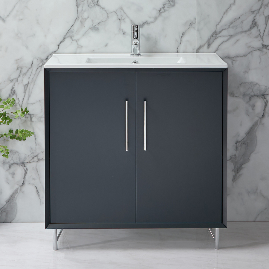 Waschtischunterschrank mit Waschbecken Edge von HudsonReed in Anthrazit mit Chromgriffen und Soft-Close-Türen - Bild 1