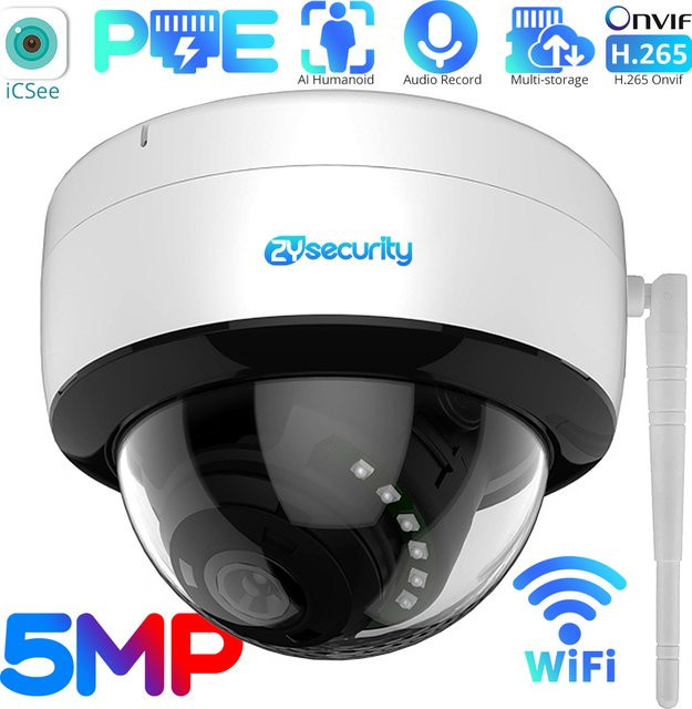 Zysecurity WiFi PoE Dome-IP-Kamera mit 5 MP, H.265, KI-Humanoiderkennung und Tonaufnahme, Farbe: Weiß - Bild 1