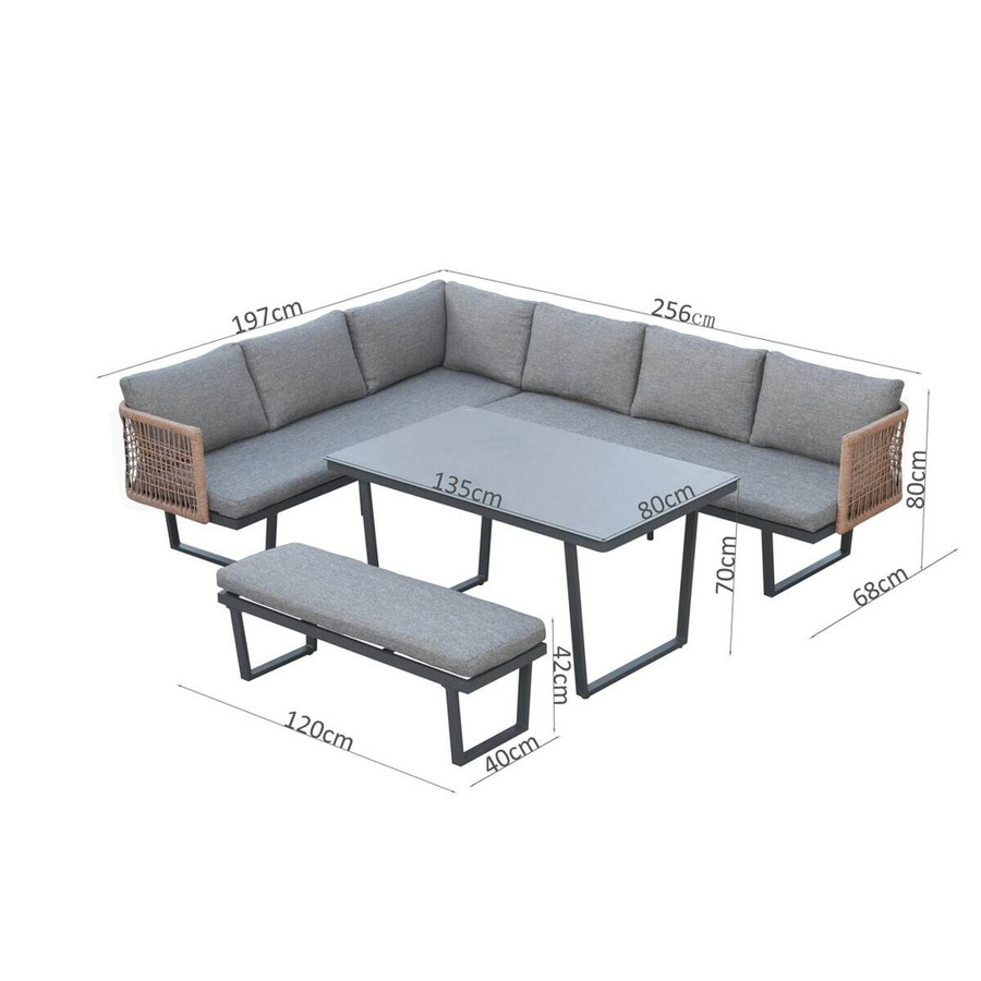Pocoline Gartensitzgruppe Cancun in L-Form mit 3er Sofa, Couchtisch und Polstern, grau, pulverbeschichtetes Aluminium - Bild 2