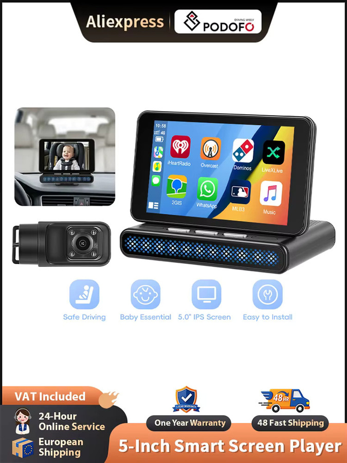 Podofo 5-Zoll Kabelloser CarPlay und Android Auto Smart Screen Player mit Rückfahrkamera und Babymonitor Funktion in Schwarz - Bild 7