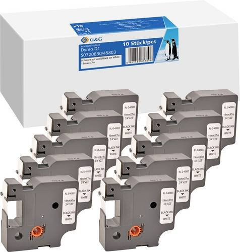 G&G 10er Set Beschriftungsband kompatibel mit DYMO 45803, Farbe Weiß mit schwarzer Schrift, Breite: 19 mm, Länge: 7 m pro Band - Bild 1