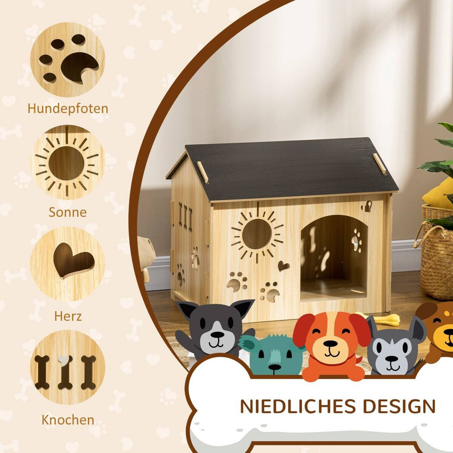 PawHut Hundehütte aus Holz im Landhaus-Design, wetterfestes Kleintierhaus mit erhöhtem Boden, Farbe: Schwarz/Eiche, B/H/L: 50 x 58,5 x 69 cm - Bild 6