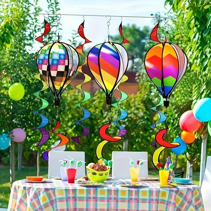 LChome Regenbogen Heißluftballon Windspiel aus Stoff und Kunststoff, bunte drehende Windmühle als hängende Dekoration für Garten und Raum - Bild 2