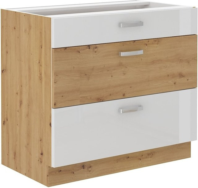Küchen Unterschrank Eiche Artisan und Weiß Hochglanz mit Vollauszug und Soft-Close, Breite: 80 cm - Bild 1