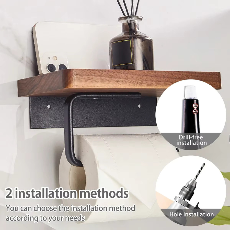 Wandmontierter Toilettenpapierhalter mit Regal aus Walnussholz und Edelstahl 304 in Braun - Bild 3