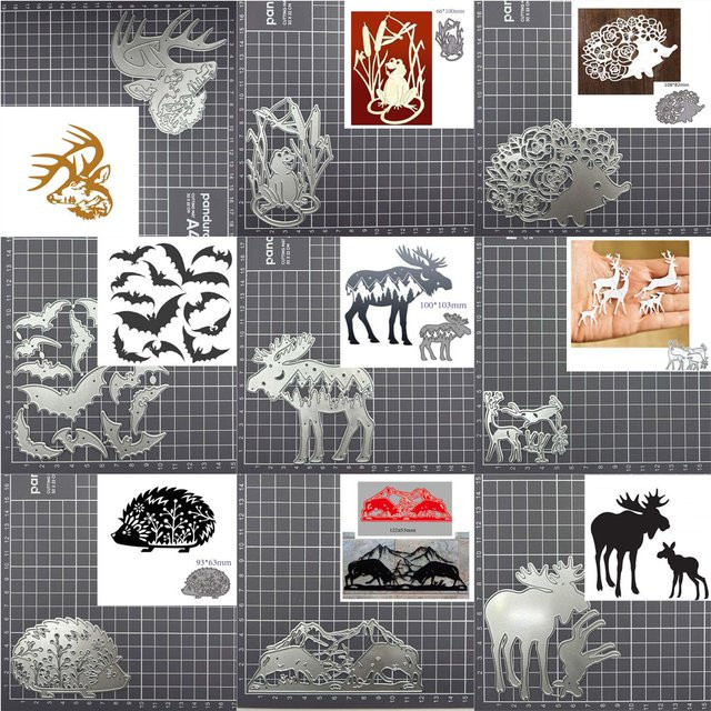 Metall Stanzformen für Scrapbooking und Bastelarbeiten mit Tier-Motiven wie Hirsch, Fledermaus, Igel und Frosch in Silber - Bild 1