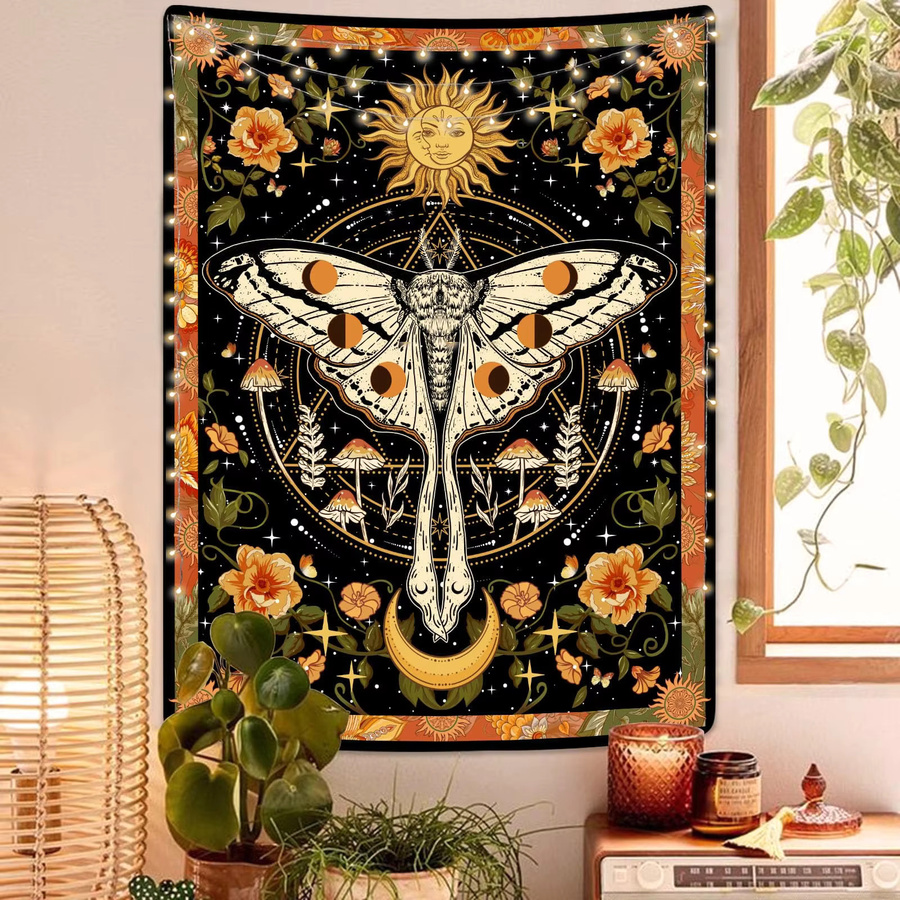 VIKAMA Retro-Wandteppich mit Motten- und Mandala-Motiv in Multicolour, ästhetische Wanddekoration mit geometrischem und abstraktem Design, B: 60 cm, H: 40 cm - Bild 5