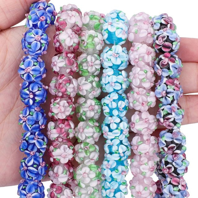 Lampwork-Glasperlen, bunte Würfel-Blumen, rund, 12–13 mm - Bild 1