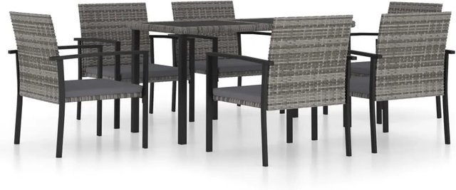 vidaXL 7-tlg Garten-Essgruppe aus Poly Rattan in Grau mit Glastisch und wetterfesten Kissen - Bild 1