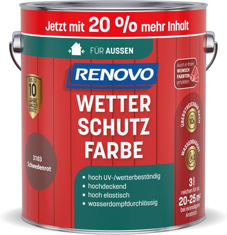 RENOVO Wetterschutzfarbe für Holz, wasserbasiert, seidenglänzend, Schwedenrot, 25 Liter - Bild 1