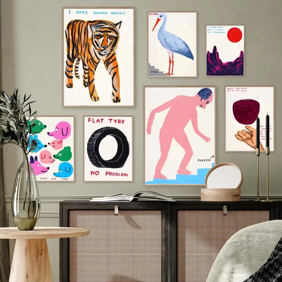 MINISO Wandkunst Leinwandmalerei David Shrigley Motiv Reifen Wein Storch Tiger Hund in Mehrfarbig - Bild 2