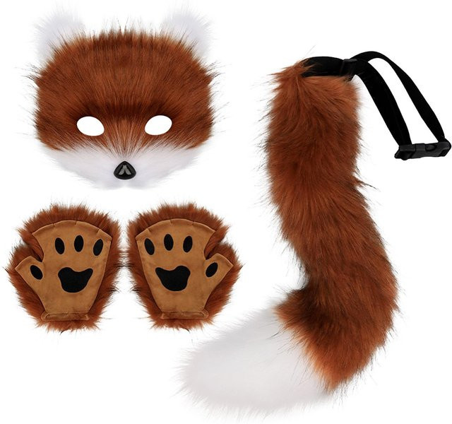 YIRAN Therian Maske und Schwanz, Tierischer Schwanz Handschuhe Set, Braun - Bild 1