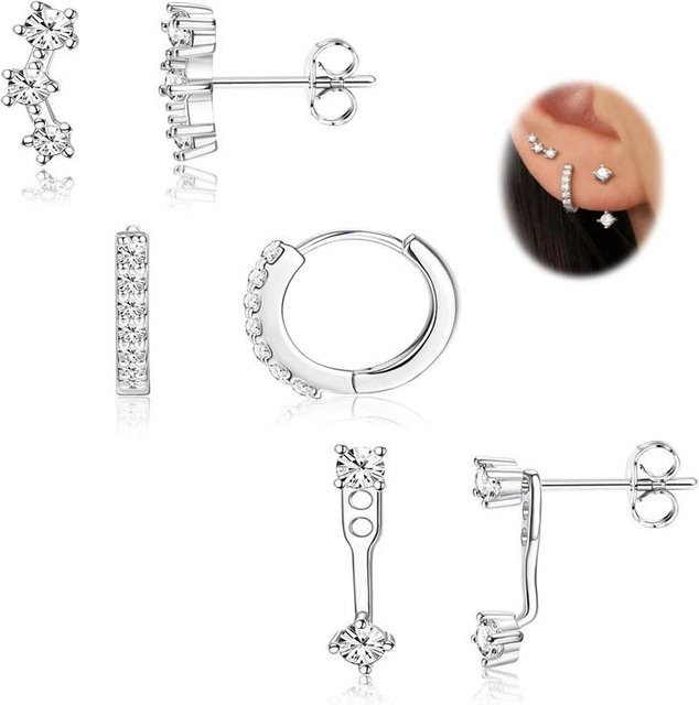 Ohrringe 14K Gold Plated, Zirkonia, Damen, 3 Paar Stecker und Creolen - Bild 1