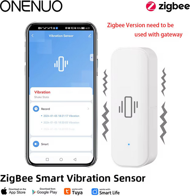 ONENUO Zigbee Smart Vibration Sensor in Weiß zur Erschütterungserkennung mit Tuya Smart Life App Benachrichtigung und Echtzeit-Alarm - Bild 1