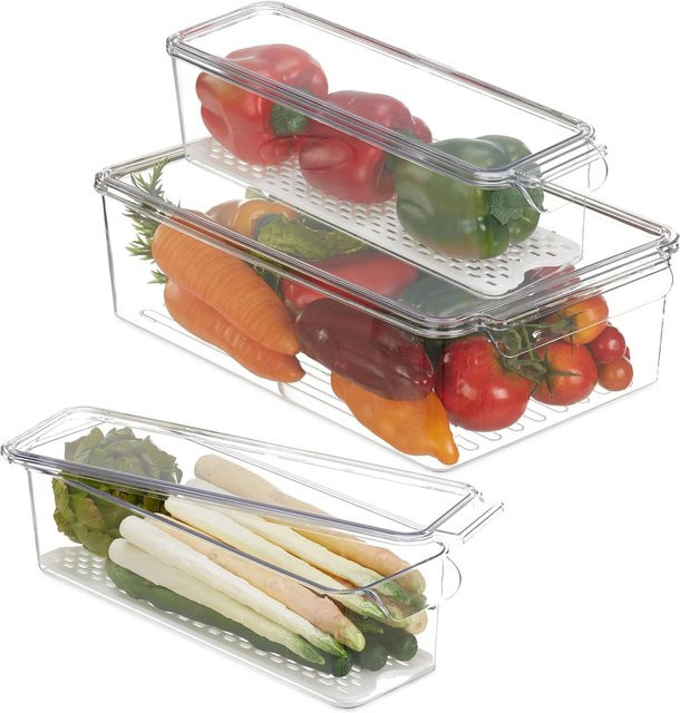 Relaxdays Kühlschrank Organizer 3er Set aus Kunststoff, transparent und weiß, stapelbar mit Deckel, B: 37,5 cm, T: 23 cm, H: 11 cm - Bild 1