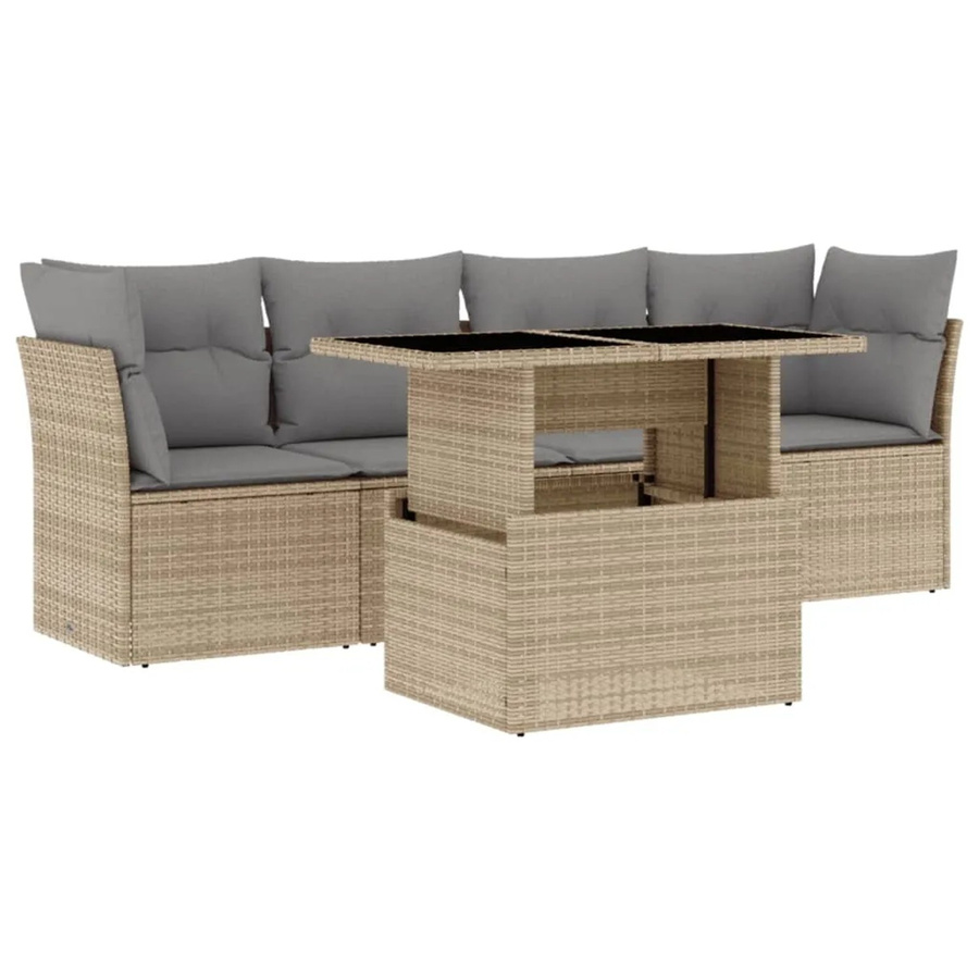 vidaXL 5-teilige Garten-Sofagarnitur in L-Form mit Kissen und Couchtisch, Beige, Poly-Rattan und Metallgestell - Bild 2