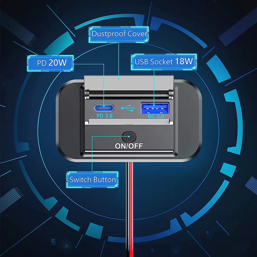 Kebidumei Dual USB PD Typ C Schnellladegerät mit QC3.0 Netzteil und Ein/Aus-Taste für Auto, Boot und RV, Schwarz - Bild 4