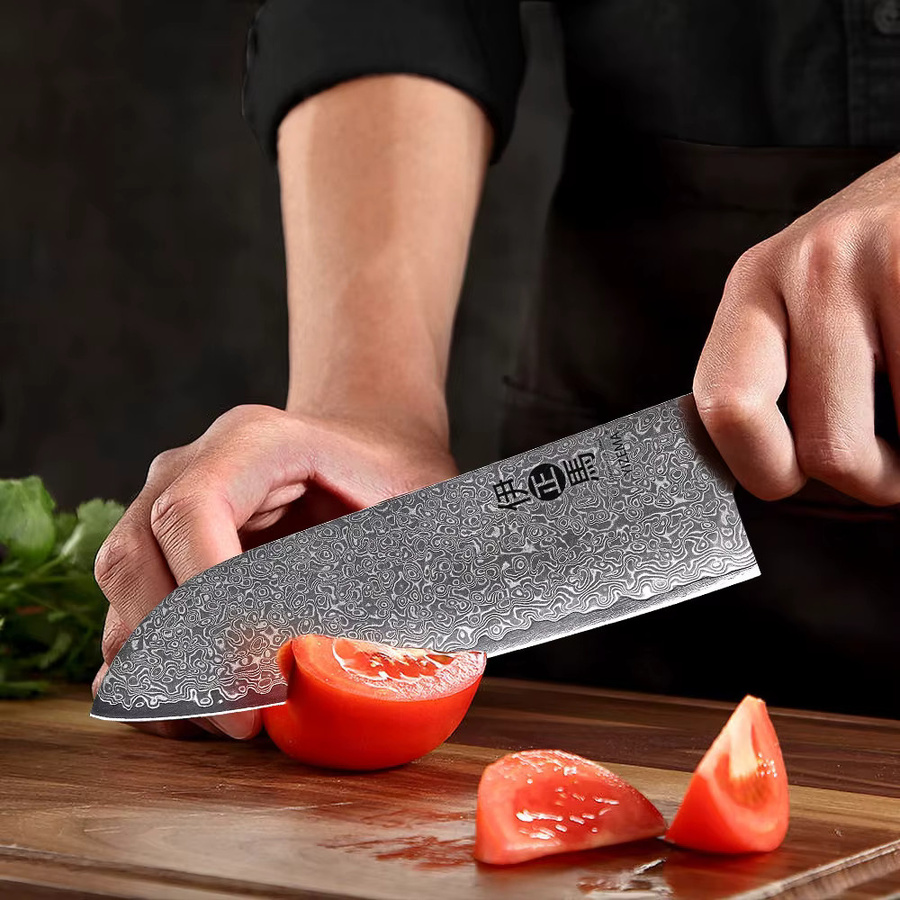 YIZEMA Santoku-Kochmesser aus handgeschmiedetem Damaststahl mit Holzgriff, 17,78 cm - Bild 4