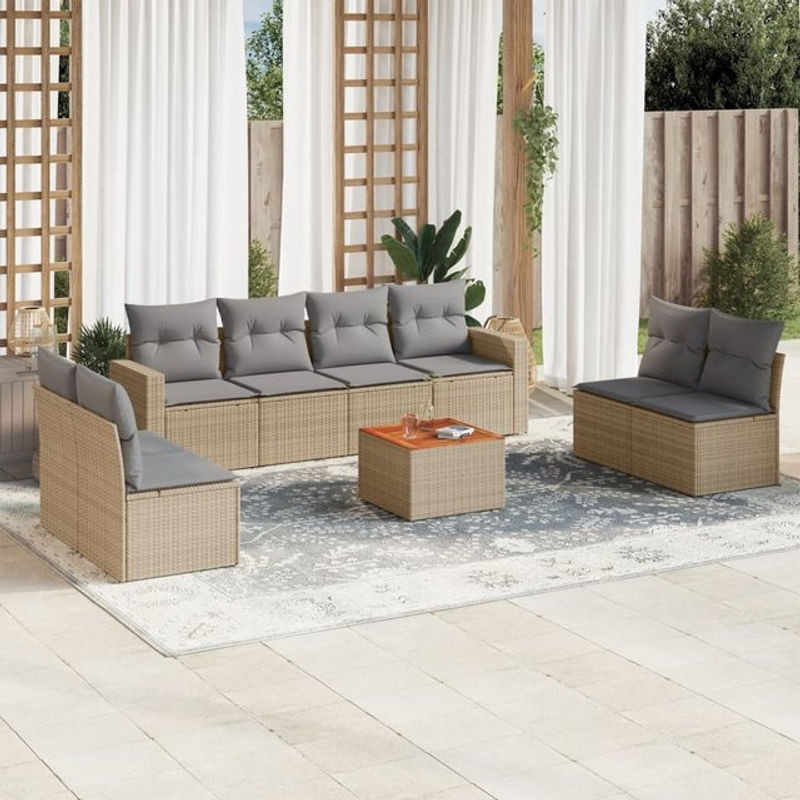 Vidaxl Gartenmöbel-Set mit 9 Teilen und Kissen aus Rattan und Holz in Beige und Grau - Bild 1