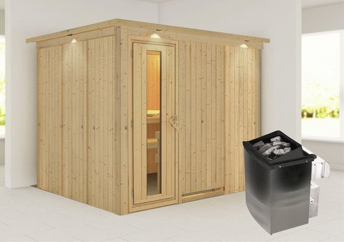 Karibu Sauna Jöhvi aus Fichtenholz in Beige für 4 Personen inklusive 9 kW Saunaofen mit integrierter Steuerung, B/T/H: 245 x 210 x 202 cm - Bild 1
