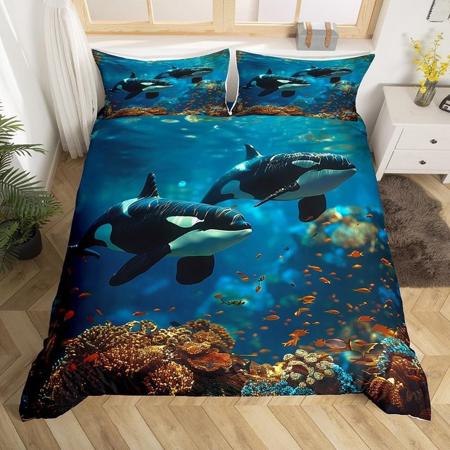 Blaues Kinderbettwäsche-Set mit Meereswalen und Meereswellen, 3-teiliges Bettwäsche-Set aus Mikrofaser, B/H: 150 x 200 cm - Bild 1