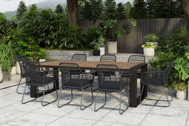OUTFLEXX Kona/Verona Garten-Essgruppe in Anthrazit und Dunkelgrau mit 8 Sesseln aus Aluminium, recyceltem FSC-Teakholz und Kunststoffgeflecht, Tisch Breite: 240 cm, Tiefe: 100 cm - Bild 1