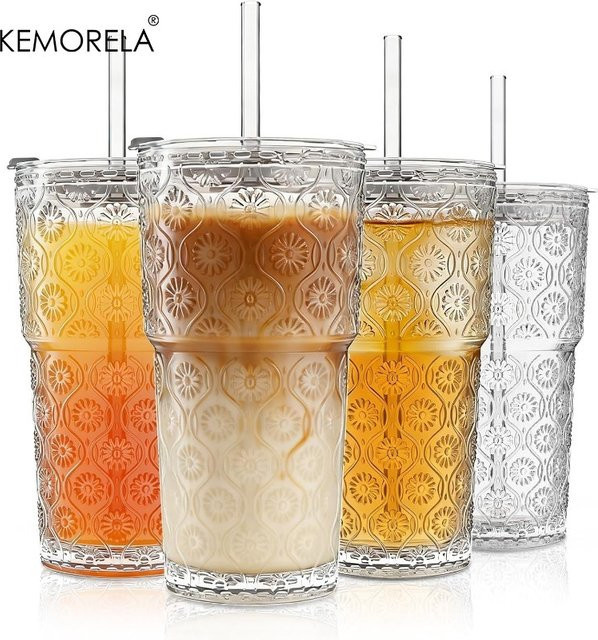 KEMORELA Begonia Blumen Glasbecher 4er-Set mit Deckeln und Glasstrohhalmen, transparent, 600 ml - Bild 1