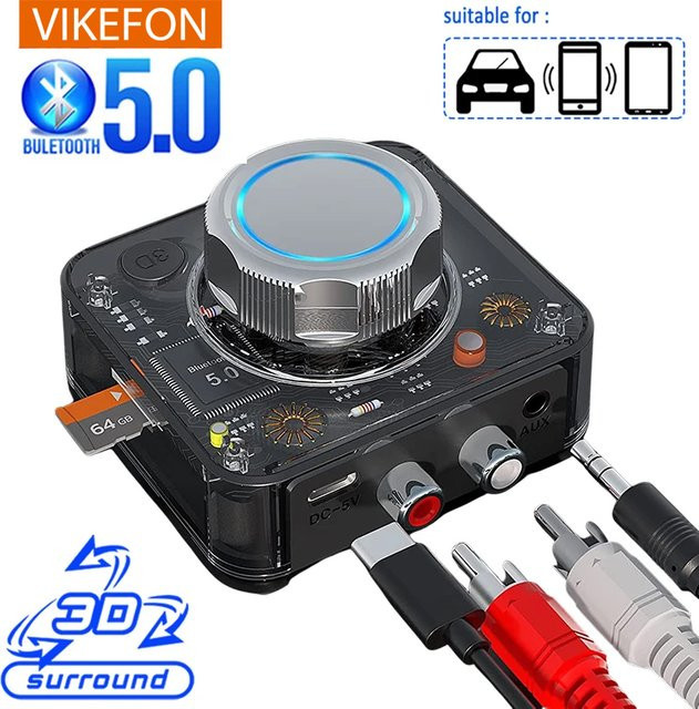 VIKEFON Bluetooth 5.0 Empfänger mit 3D Stereo, TF-Karte und RCA sowie 3,5mm AUX Jack, Wireless Adapter für Lautsprecher, Verstärker und Auto Audio, Schwarz - Bild 1