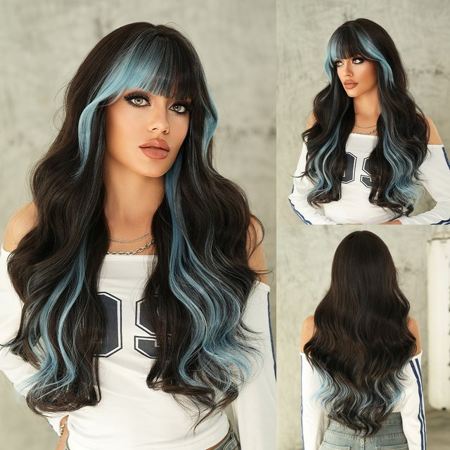 NAMM Perücke, lange gewellte Haare mit Pony, blau, synthetisch, Damen - Bild 1