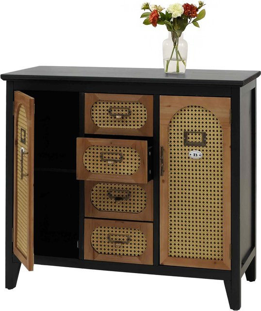 Apothekerkommode MCW O63 in Vintage Rattanoptik, Sideboard Schrank in Schwarz, B/T/H: 80 x 40 x 91 cm - Bild 1