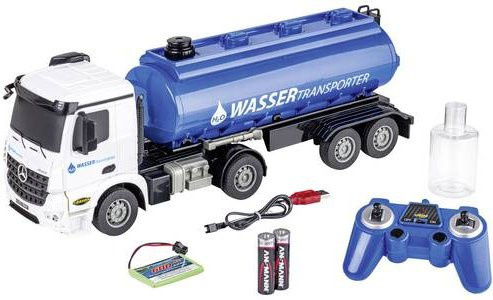Carson Modellsport MB Arocs Wassertransporter RC Funktionsmodell LKW im Maßstab 1:26 in Blau/Weiß - Bild 1