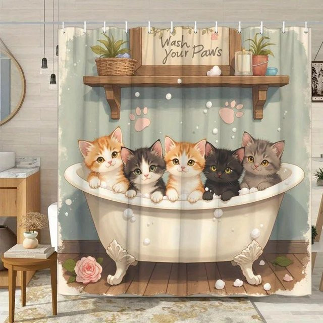 Wasserdichter Duschvorhang mit Kätzchen-Motiv aus Polyester, Mehrfarbig, Breite: 120 cm, Höhe: 180 cm - Bild 1
