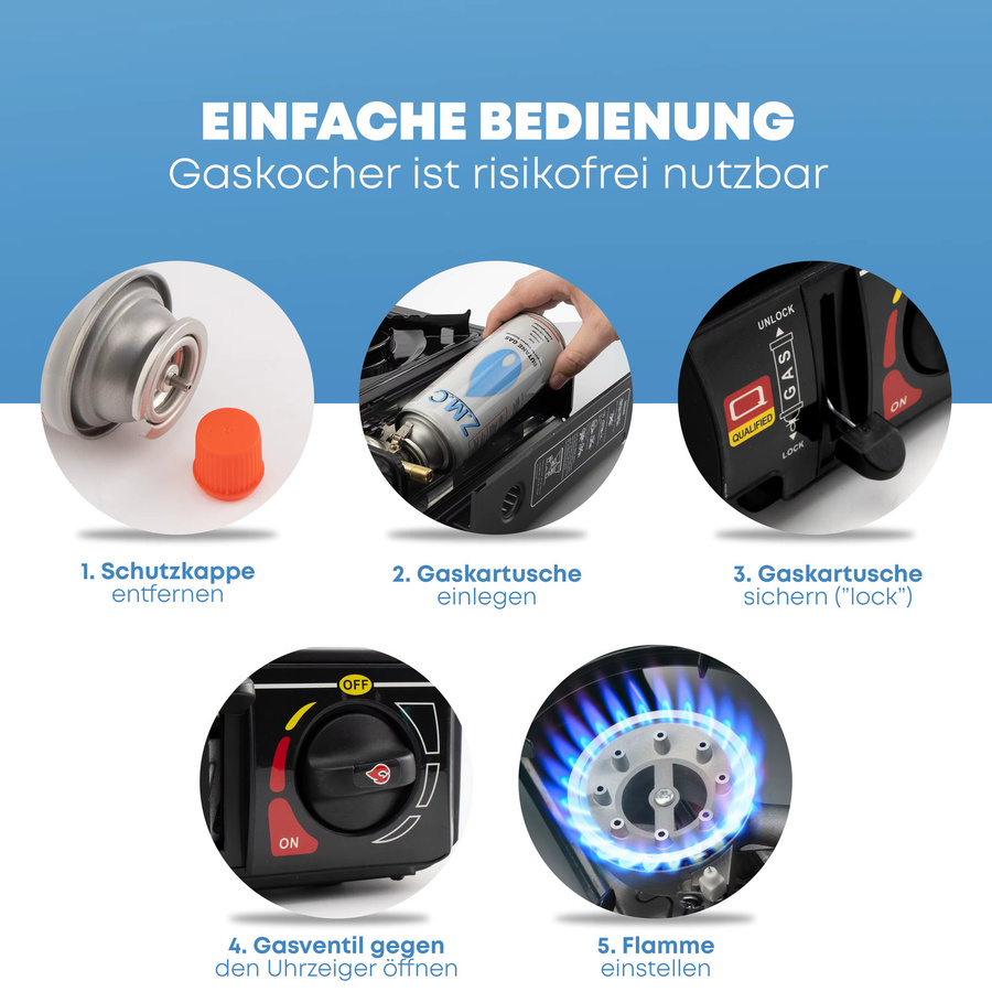 ZMC 1-flammiger Campinggaskocher in Schwarz mit 24 Butan Gaskartuschen à 227g, LPG-Adapter und Aufbewahrungskoffer, 2,2 kW mit Piezozündung für Outdoor und Innenraum - Bild 4
