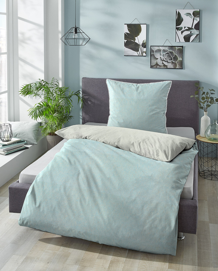 Biberna Bettwäsche Set Uni-Melange Flanell Blau aus Baumwolle mit Bettbezug und Kissenbezug B/H: 155 x 220 cm und 80 x 80 cm - Bild 1