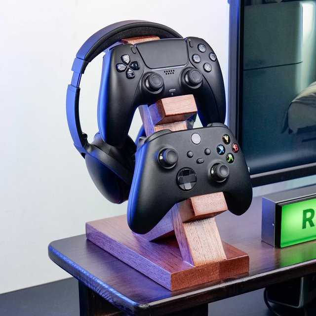 MOSHOU Kopfhörerständer aus Holz in Braun für Gaming-Headsets, PS5, Xbox und Airpods - Bild 1