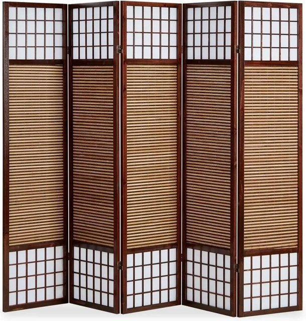 Homestyle4u 5-tlg. Paravent aus Holz und Bambus in Braun, B/H: 220 x 175 cm - Bild 1