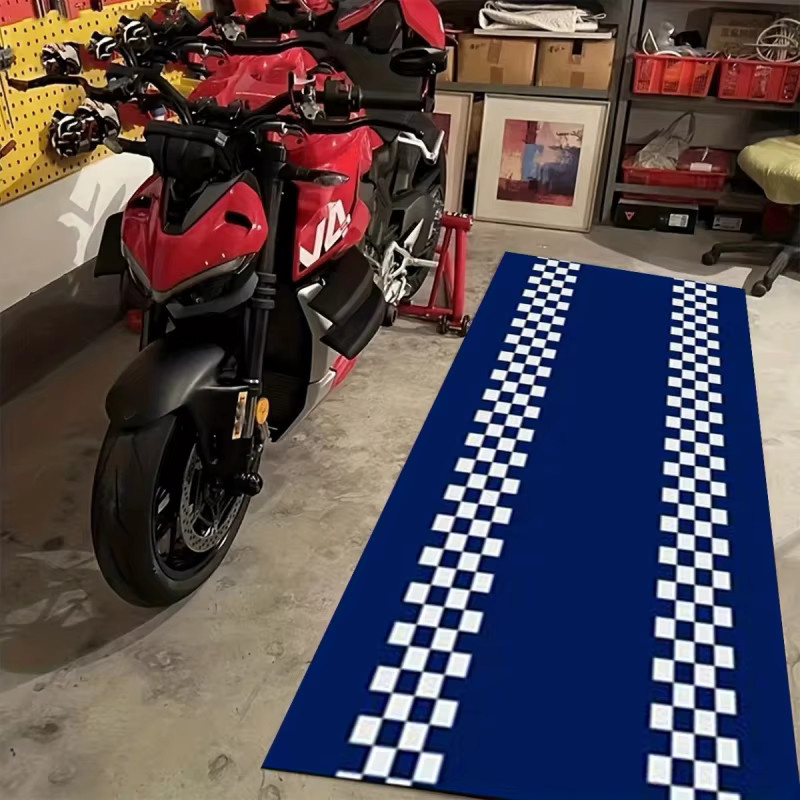VIKAMA Motorrad-Teppich mit Rennstreckenmuster in Blau, schmutzabweisende und rutschfeste Garagenmatte für Sportwagen und Autoreparaturen - Bild 2
