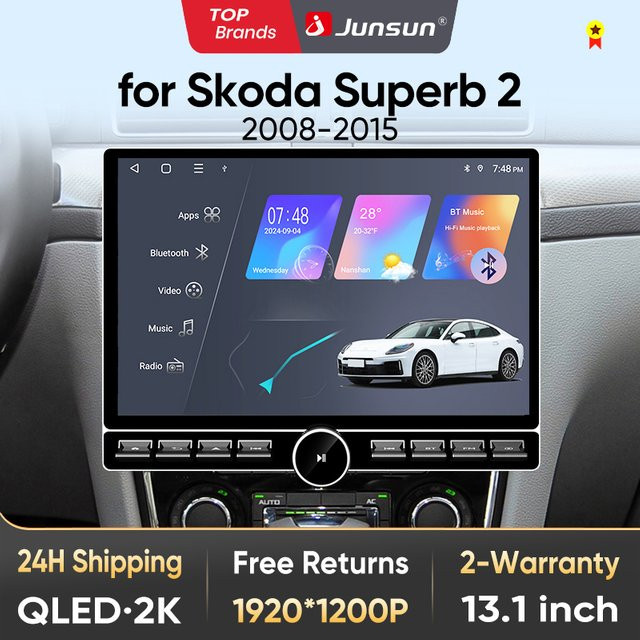 Junsun QLED Wireless CarPlay Android Auto Autoradio für Skoda Superb 2 (2008-2015) mit 13,1 Zoll Display, GPS, Bluetooth und DSP in Schwarz - Bild 1