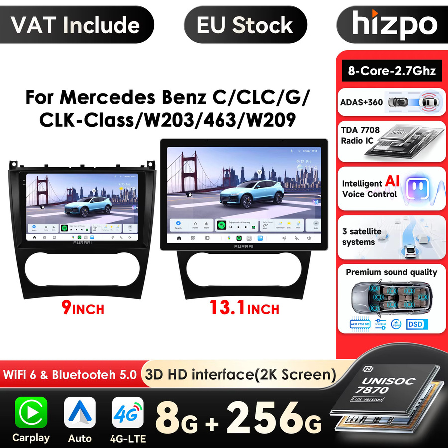 Hizpo 9 Zoll Autoradio für Mercedes Benz C-Klasse W203 und CLC W203 mit Carplay, Android Auto, GPS, 4G Navigation und KI-Sprachsteuerung in Schwarz - Bild 4