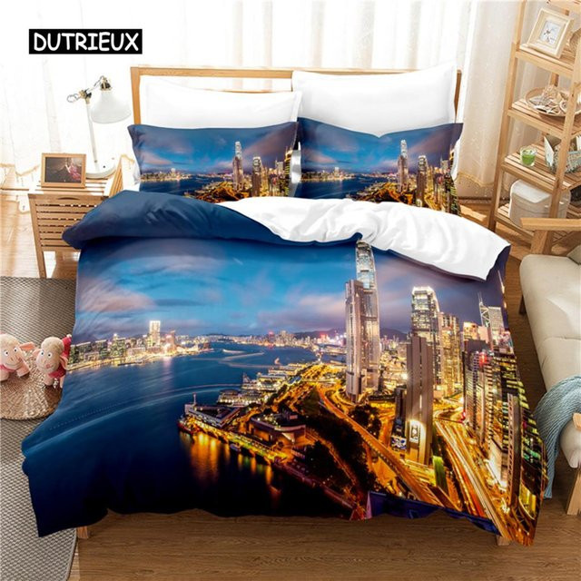 Wucifang Bags 3D Bettwäsche-Set Stadt am Meer in Grau und Blau, Microfaser mit Digitaldruck, B/H: 135 x 200 cm - Bild 1