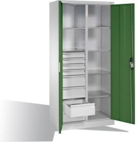 C+P Werkzeugschrank mit Drehtüren, 6 Böden, 8 Schubladen und Schloss, Front Resedagrün, Korpus Lichtgrau, H: 195,0 cm, B: 93,0 cm, T: 50,0 cm - Bild 1