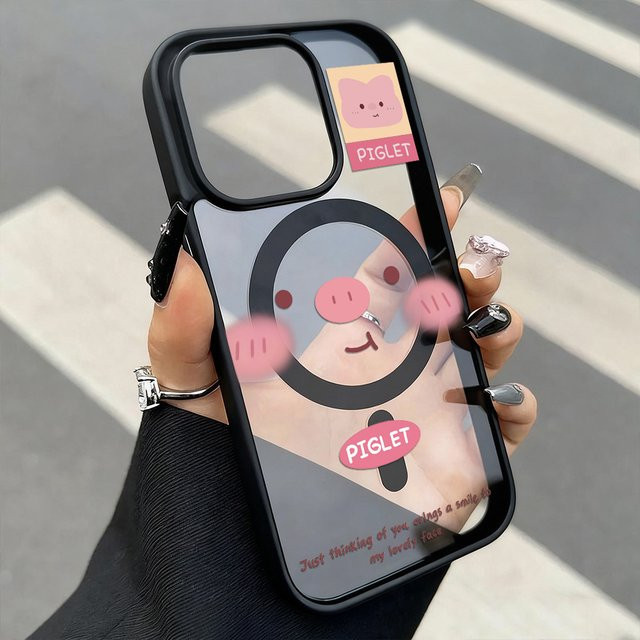 Caynes Magnetische Handyhülle mit Schwein-Design für iPhone 11 bis 17 Pro Max, Transparent Rosa, Stoßfeste Acryl Schutzhülle - Bild 1