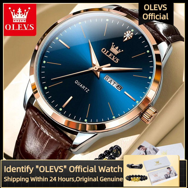 Olevs Armbanduhr Quarz, Leder, Blau, Edelstahl, Herren - Bild 1
