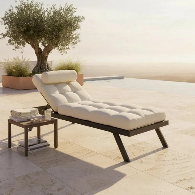Bessagi Garden Gartenliege Avola in Creme mit verstellbarer Kopfstütze und Abdeckung aus UV-beständigem Outdoorstoff und pulverbeschichtetem Metall - Bild 1
